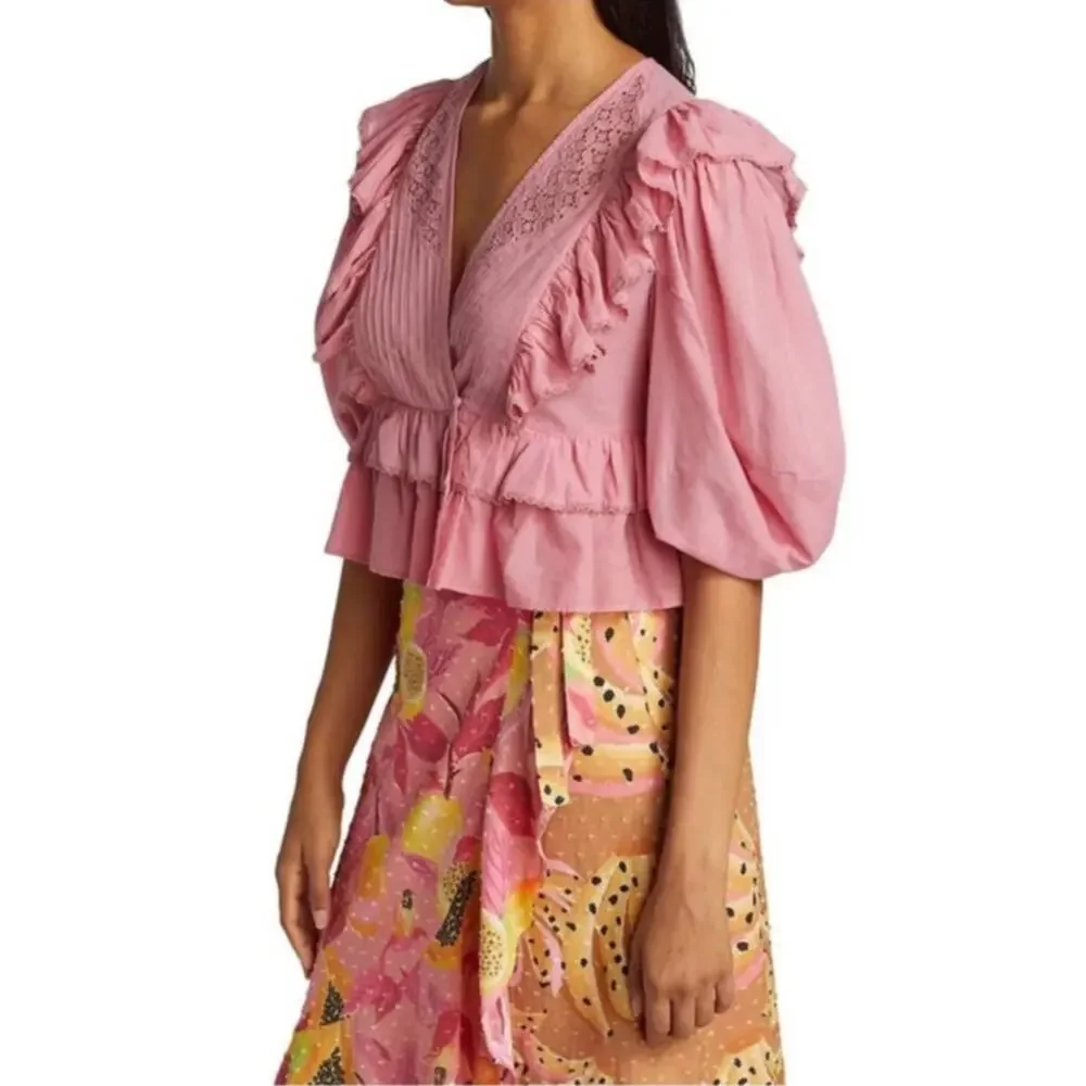 Farm Rio Blush Pink Puff Sleeve V-Neck Cropped Bohemian Blouse Size XS